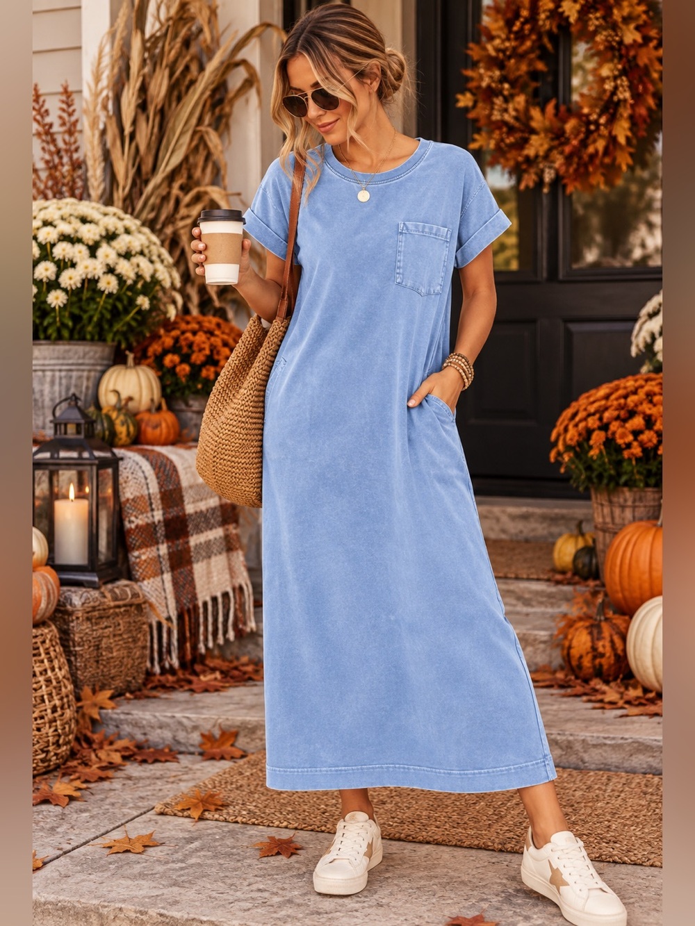 Zenana Outfitters Light Blue Pocket T-Shirt Maxi Dress S